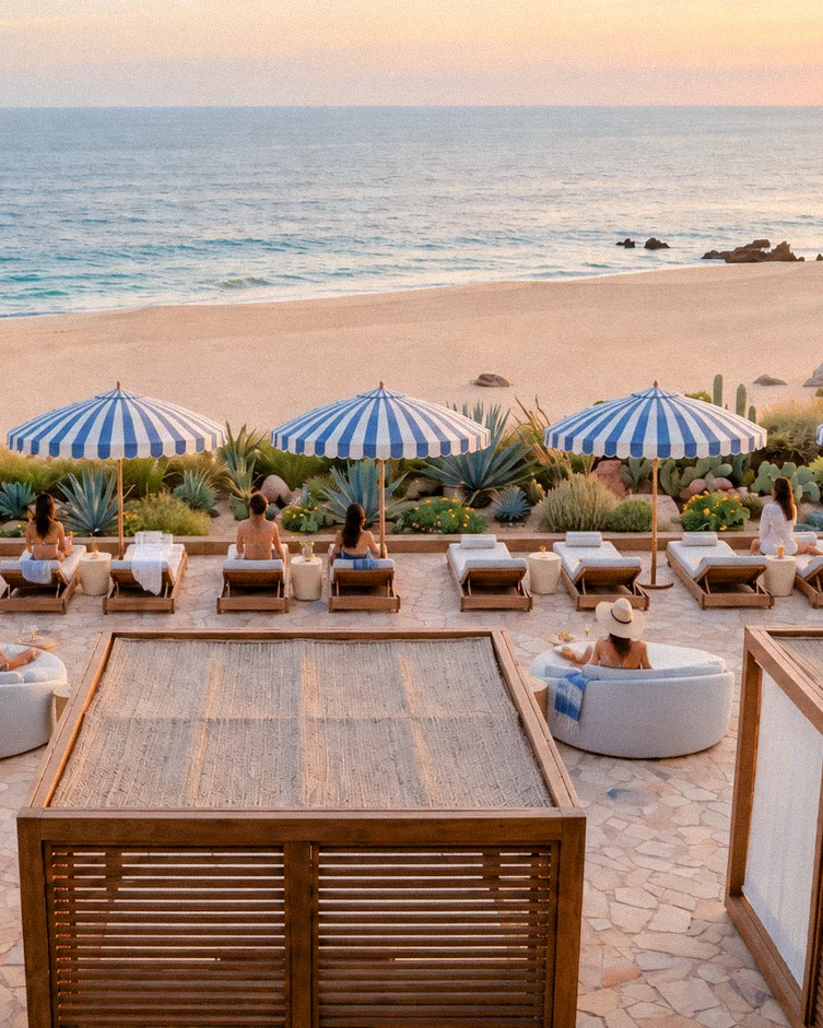 Beach Club sun loungers and striped umbrellas facing the ocean